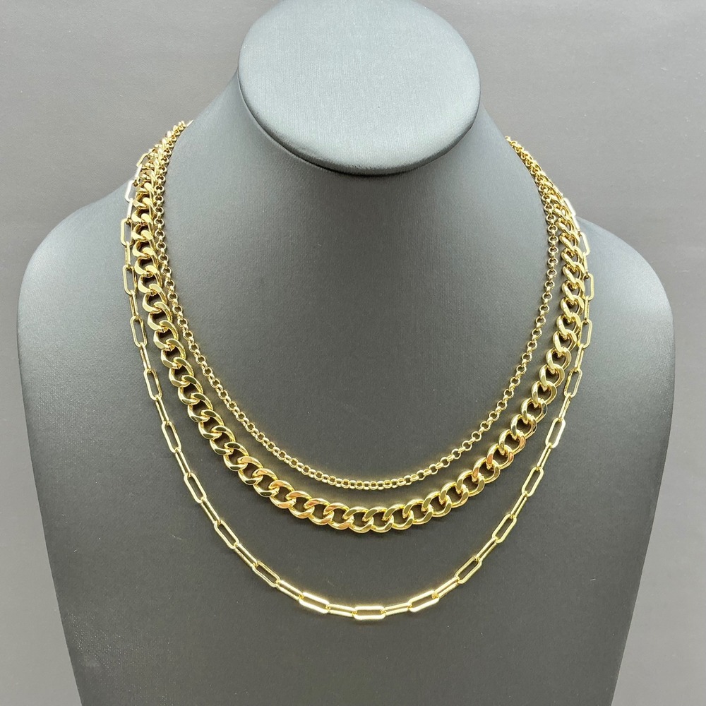 Stauer Necklace Gold Tone Triple Strand Layered Curb Paperclip Chain Statement